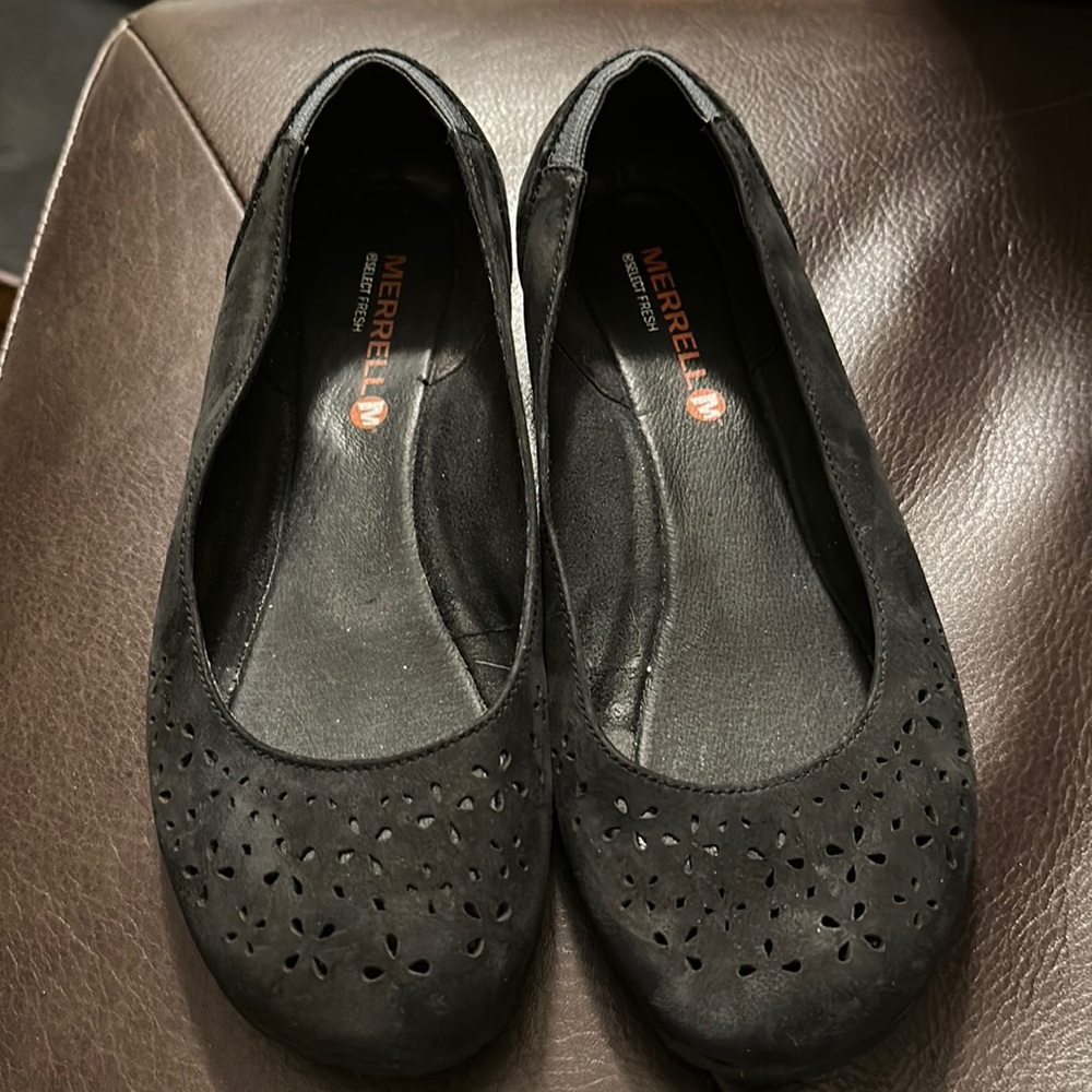 Merrell Black Leather Perforated Select Performance Flat Shoes Women Sz 8 US